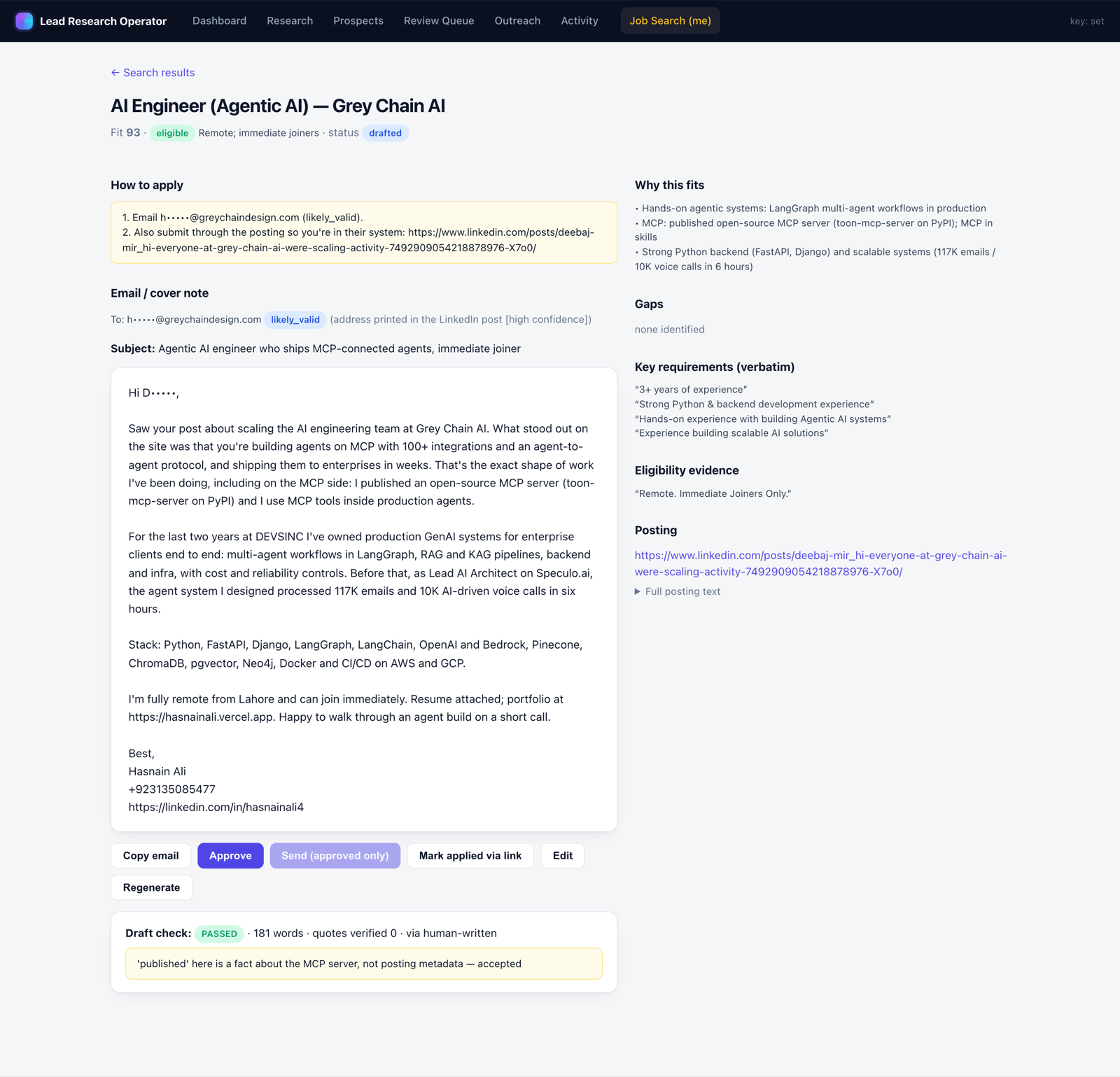 Application view with fit reasons, gaps and how to apply